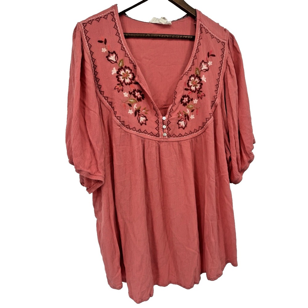 Nurture By Westbound Embroidered V-Neck Blouse Blush Pink 3X country cottage